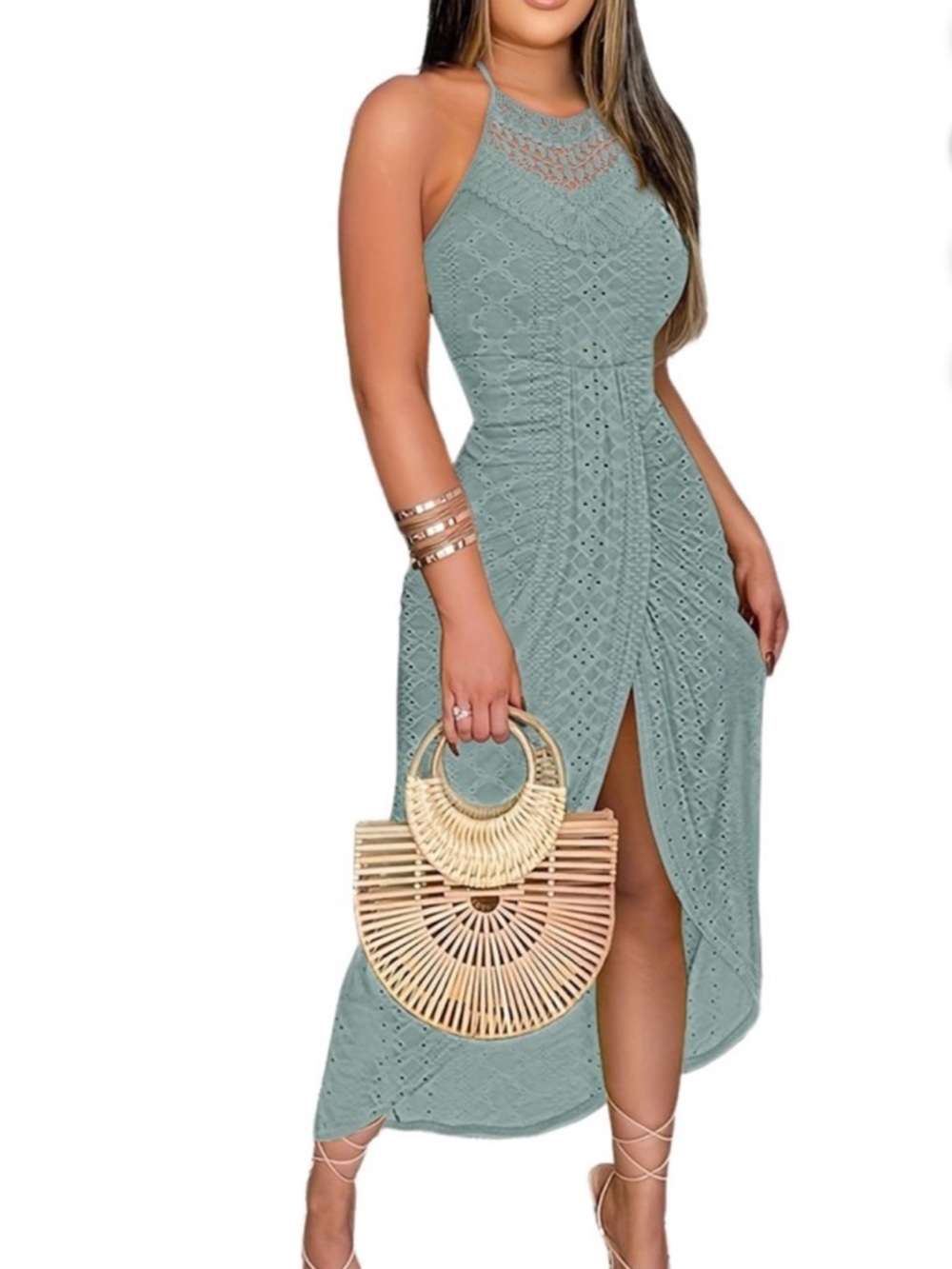 Halter Hollow Out Sleeveless Eyelet Embroidered Slit Vacation Dress Sage Green